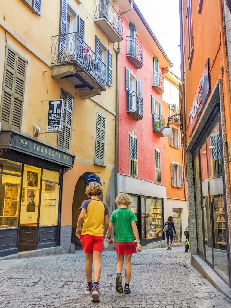 kids walking along the streets of Intra, Lago Maggiore