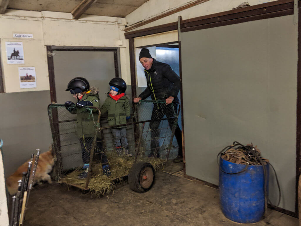 on their way to feed the horses at Gauksmýri Lodge