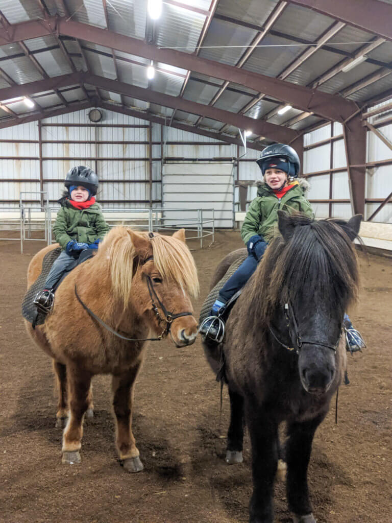 boys having a horse riding lesson at Gauksmýri Lodge