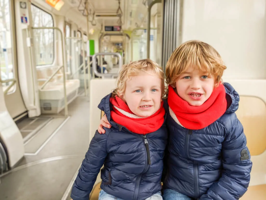 on the tram in Hannover with kids