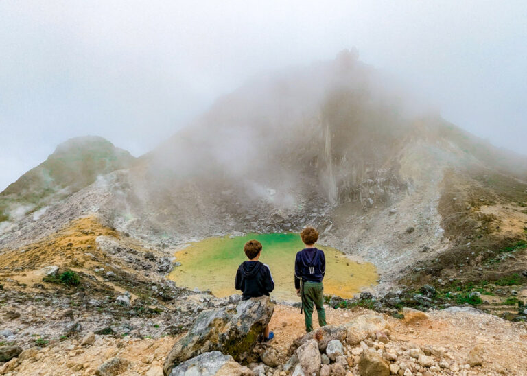 Sumatra with kids, overlook Mount Sibayak crater